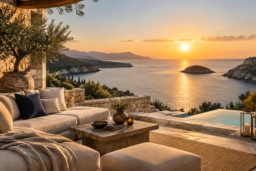 Illustrative terrace overlooking a coast at sunrise